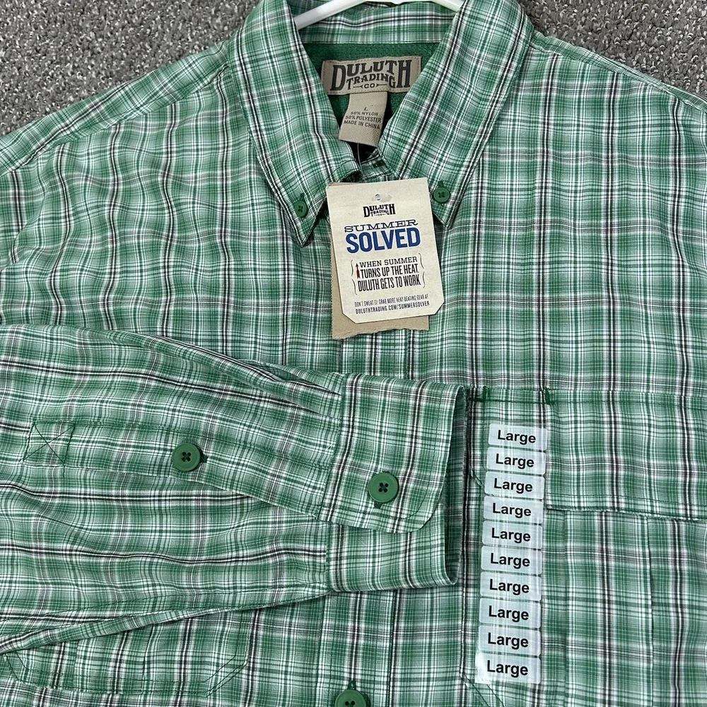 Duluth Trading Armachillo Cooling Shirt Men's Large NWT Green Plaid Long Sleeve - Picture 1 of 9